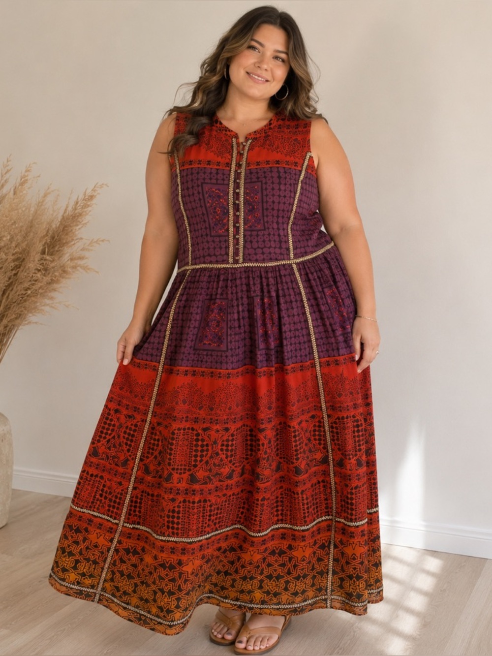 Vintage Jessica London Dress Womens 22 Plus Red Purple Maxi Bohemian Artsy Indie